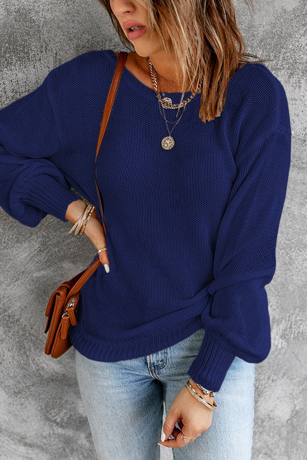 Double Take Tied Balloon Sleeve Round Neck Sweater.