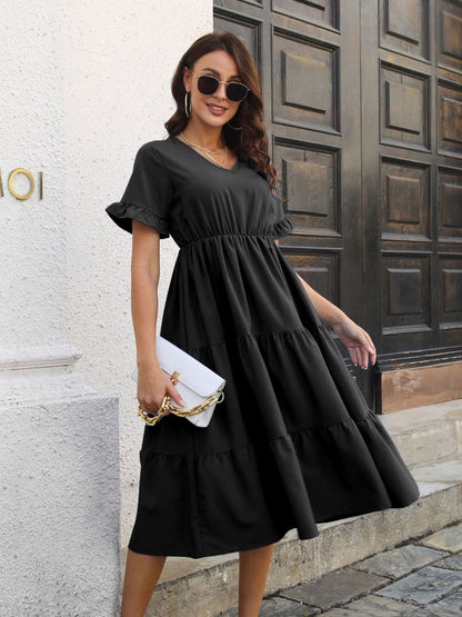 V-Neck Short Sleeve Midi Dress.