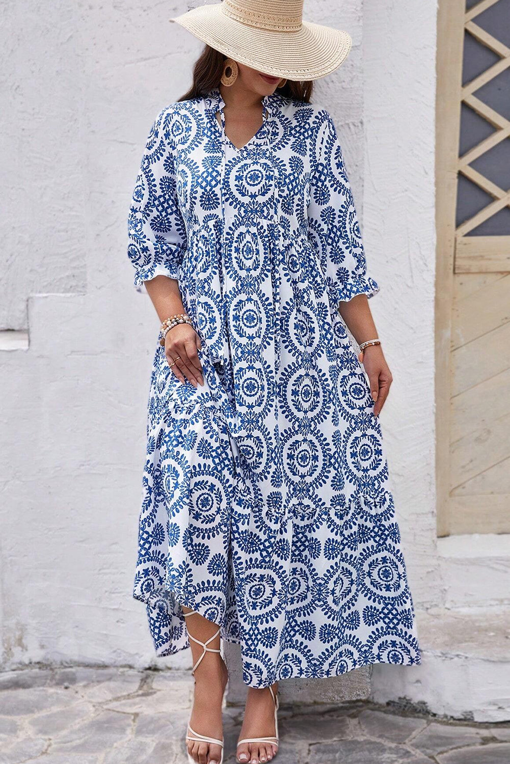 Sky blue geometric lace-up maxi dress with notch neck for plus sizes