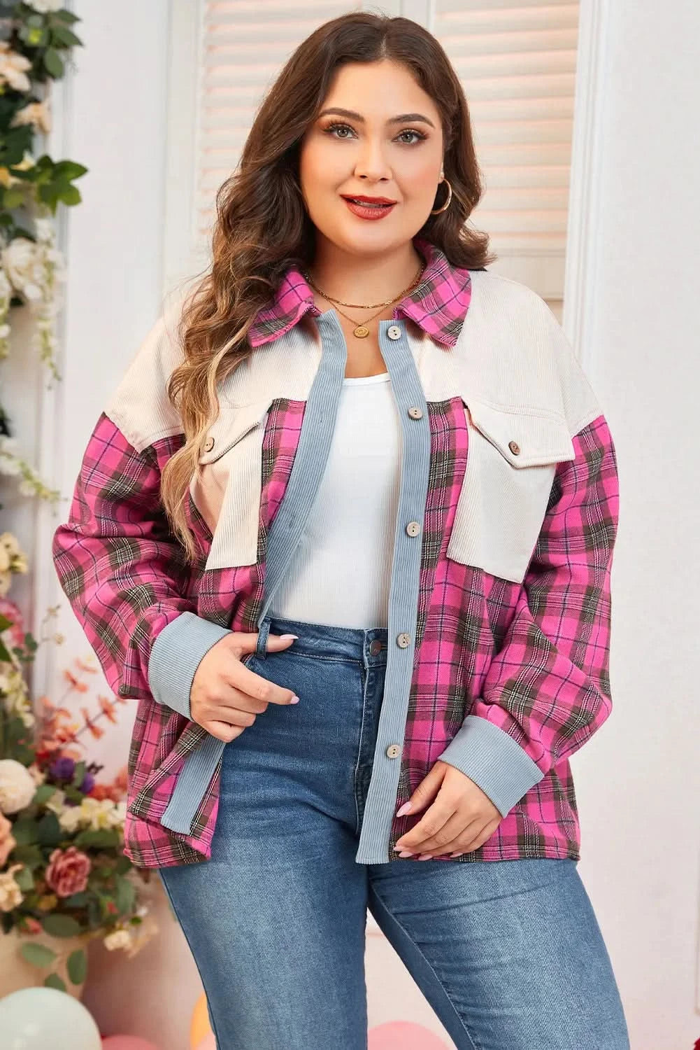 Curvy Chic Plaid Button-Up Long Sleeve Shirt with Collared Neck