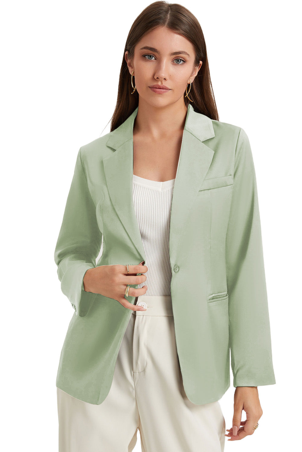 Chic green lapel blazer with single button and pockets