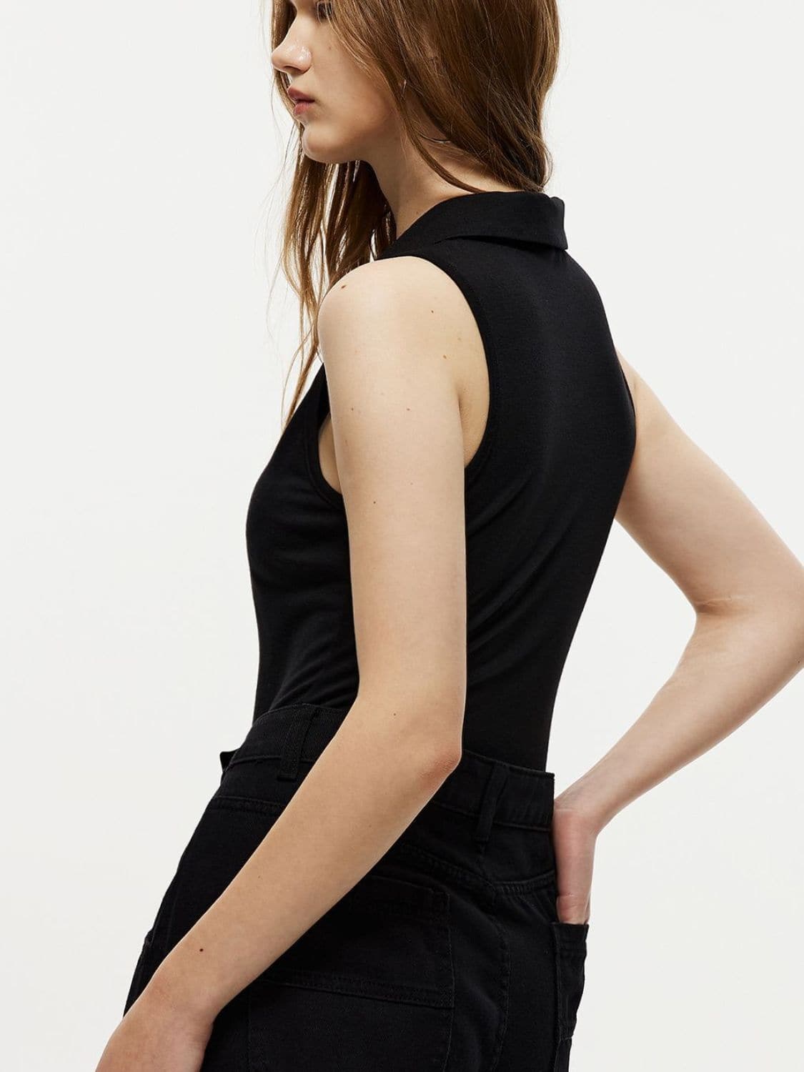 Quarter Zip Collared Neck Sleeveless Bodysuit.