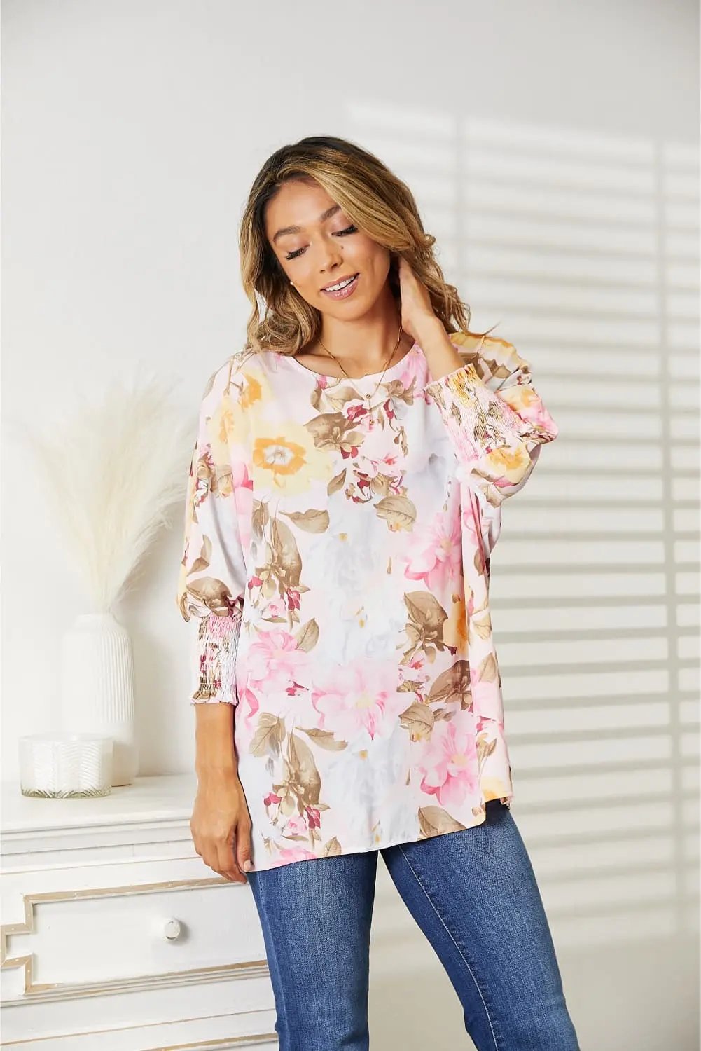 Double Take Floral Round Neck Three-Quarter Sleeve Top - Love Salve