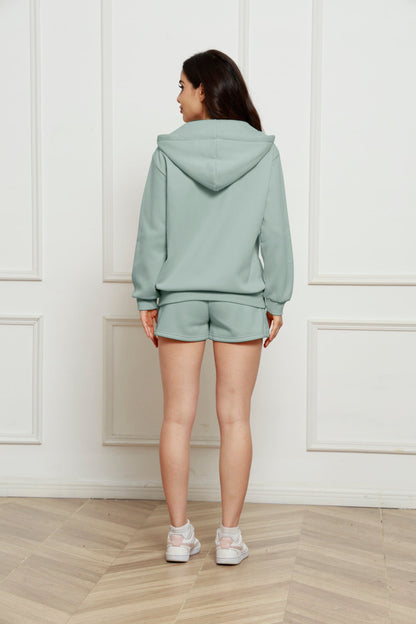 Zip Up Drawstring Hoodie and Shorts Set.