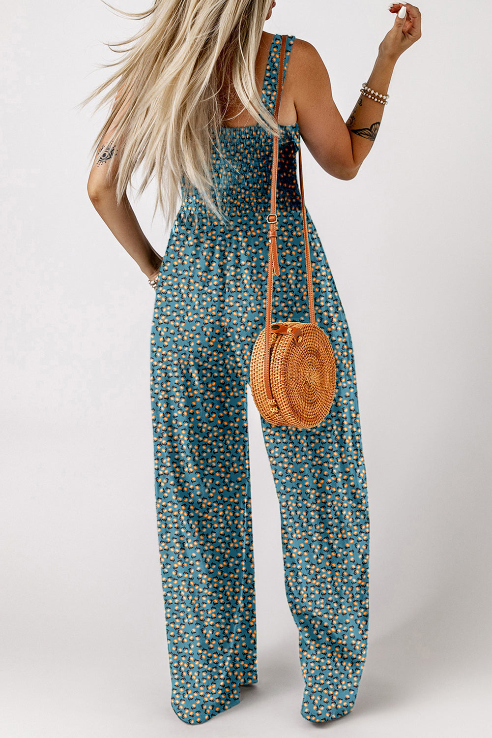 Green Floral Print Smocked High Waist Square Neck Jumpsuit Love Salve