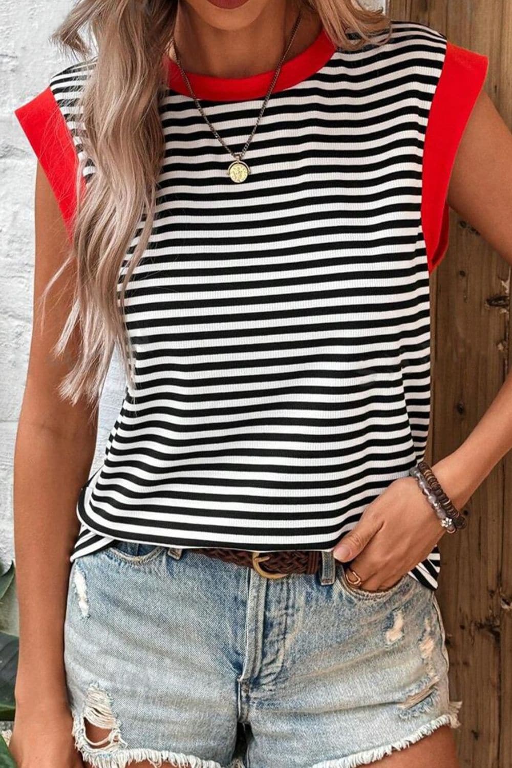 Striped Round Neck Cap Sleeve Top.