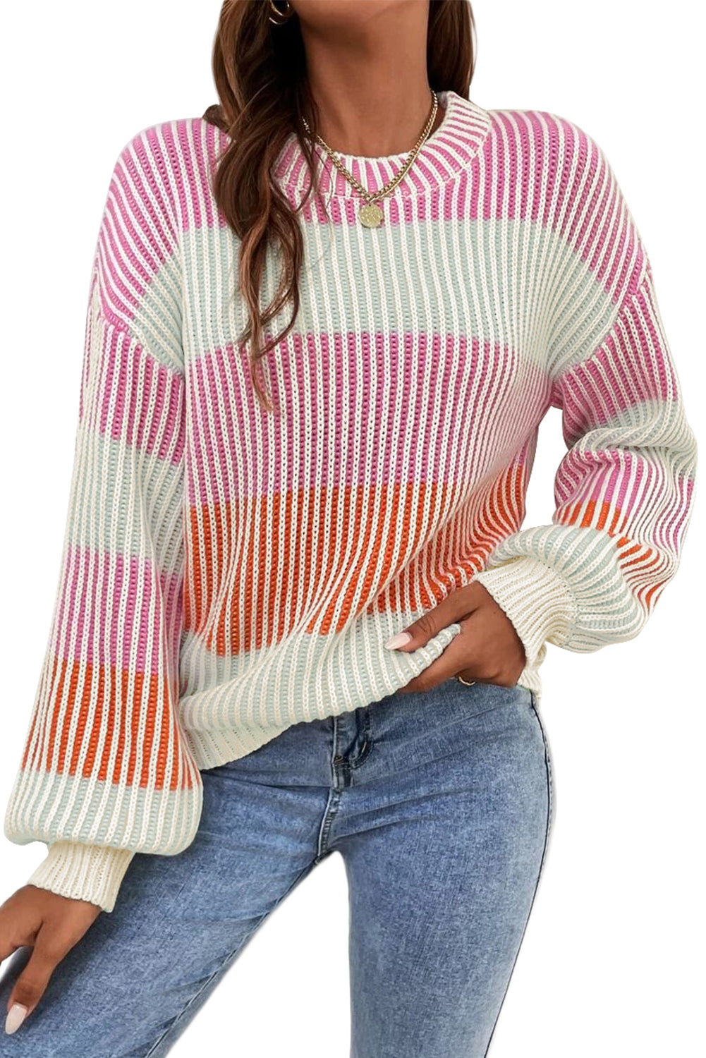 Pink Colorblock Textured Knit Sweater with Bubble Sleeves