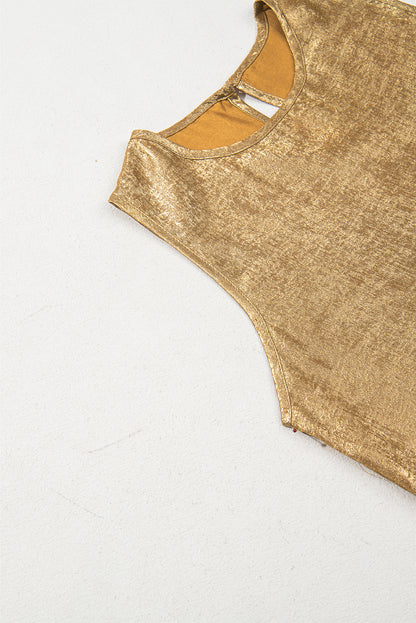 Gold Metal Textured Round Neck Casual Tank Top for Women