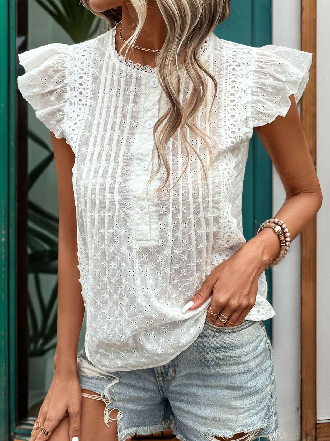 Lace Detail Eyelet Ruffle Cap Sleeve Blouse.