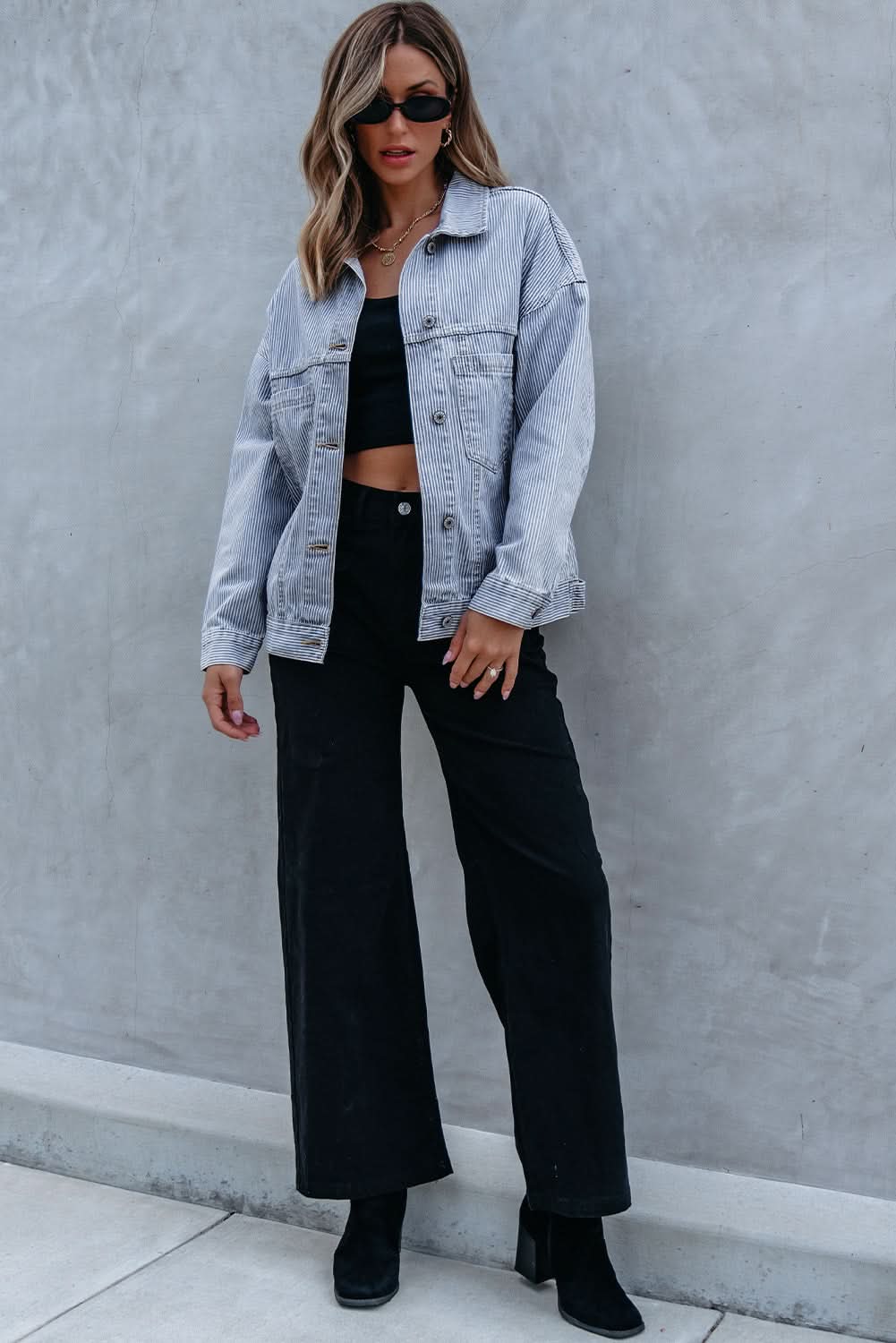 Sky Blue Stripe Washed Oversize Pocketed Denim Jacket - Love Salve 