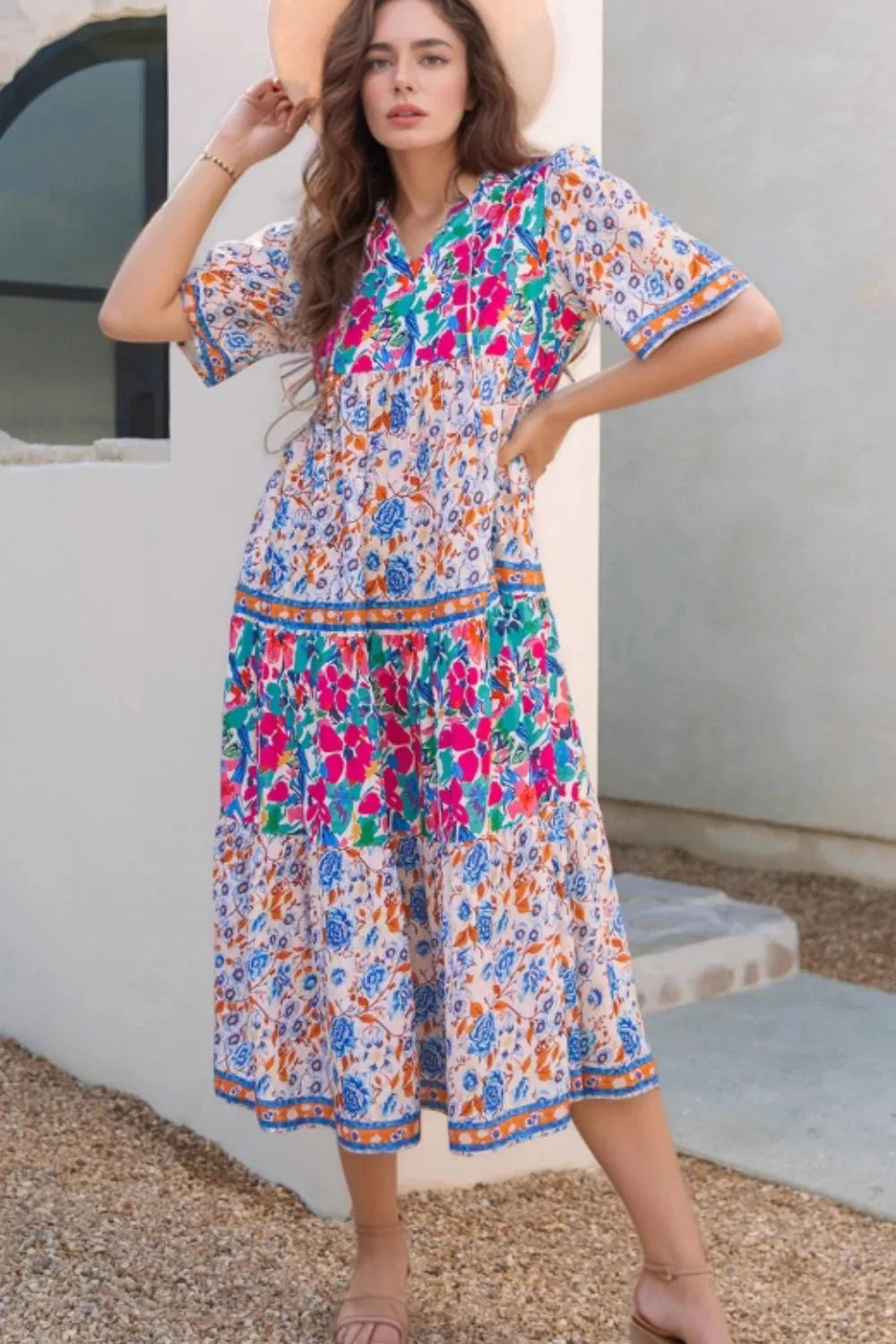 Mixed Floral Print Tie Neck Short Sleeve Dress Simply Love