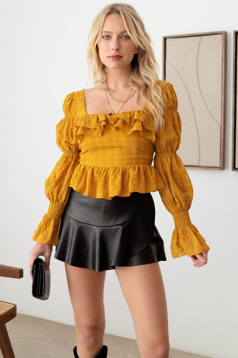 Mustard Seed Boho Shirred Smocked Peplum Long Sleeve Top.