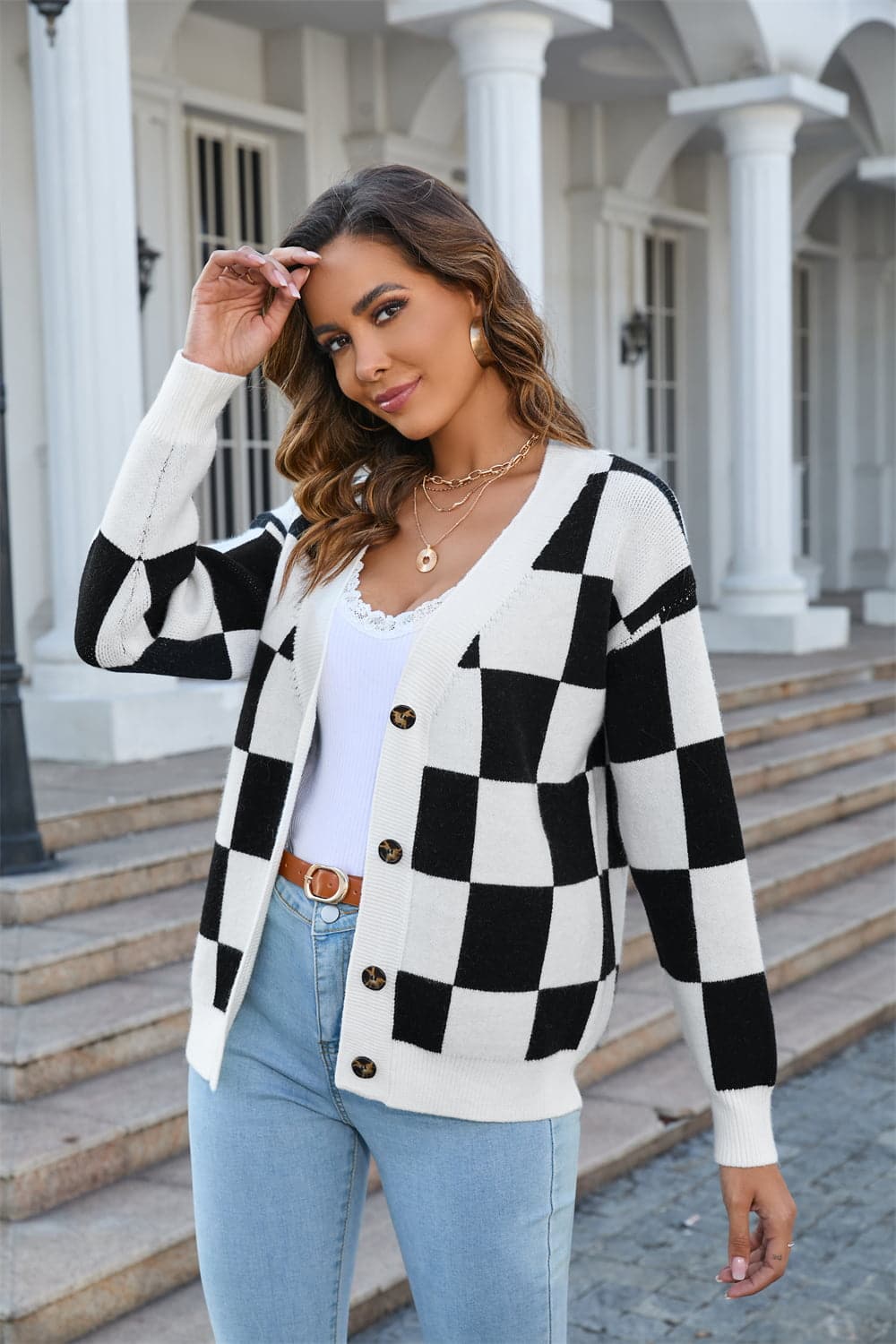 Button-Up V-Neck Dropped Shoulder Cardigan.