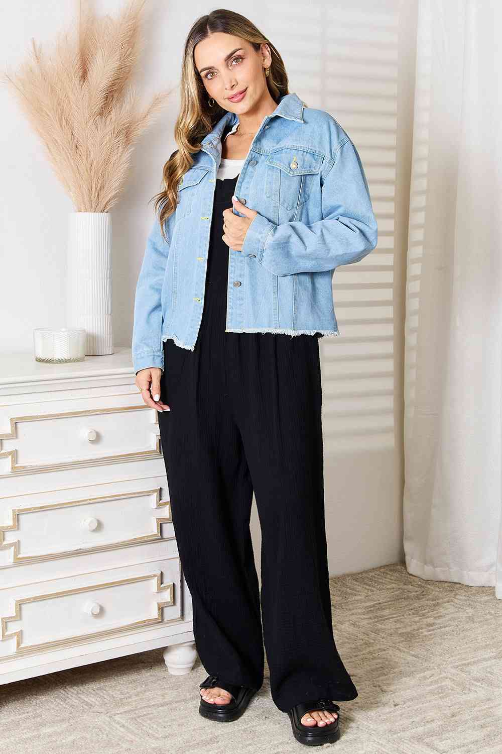 Double Take Dropped Shoulder Raw Hem Denim Jacket - Love Salve