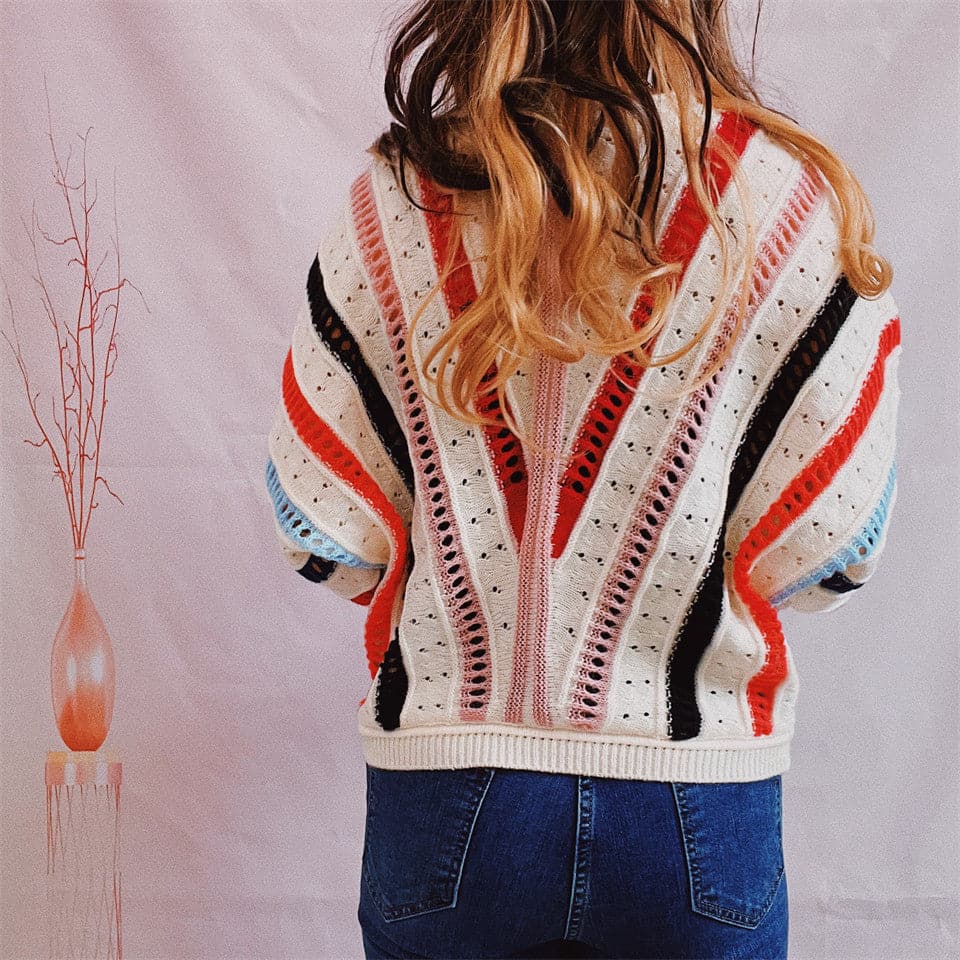 Striped Openwork Round Neck Sweater.