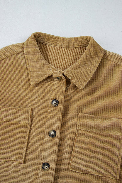 Chic light beige corduroy shacket with patched pockets