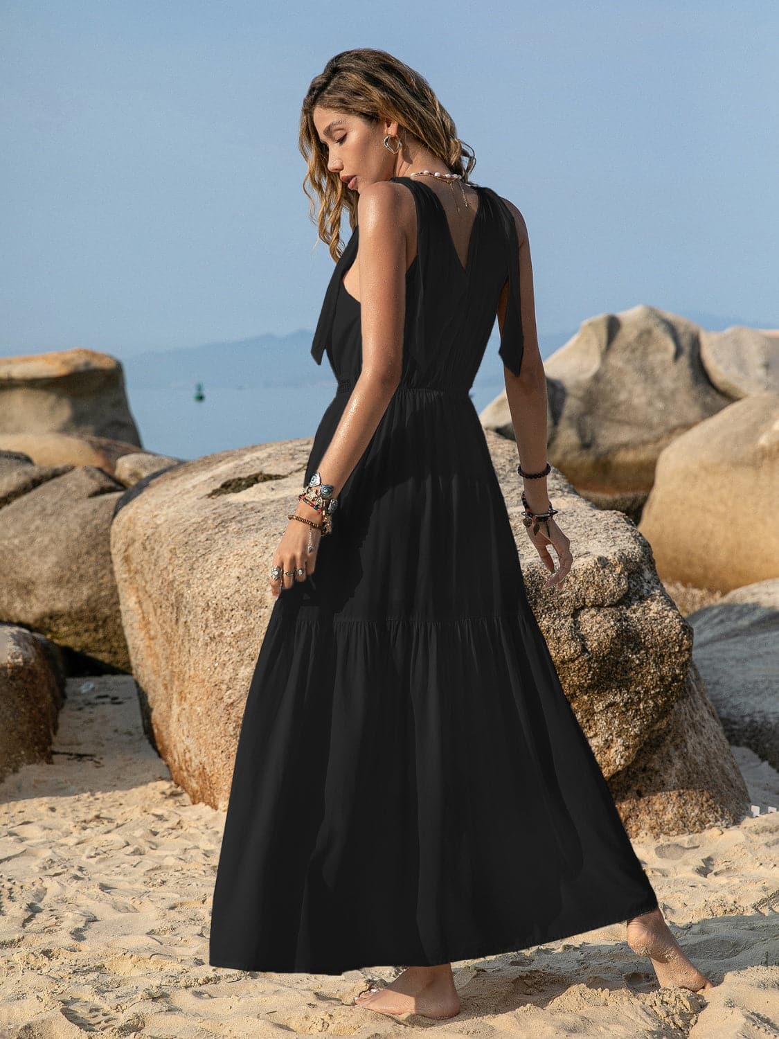 V-Neck Tie Shoulder Crochet Maxi Dress.