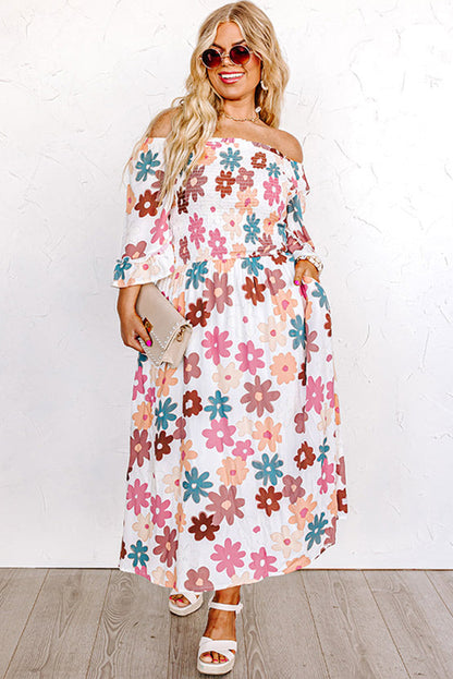 Elegant white floral off-shoulder dress for plus sizes