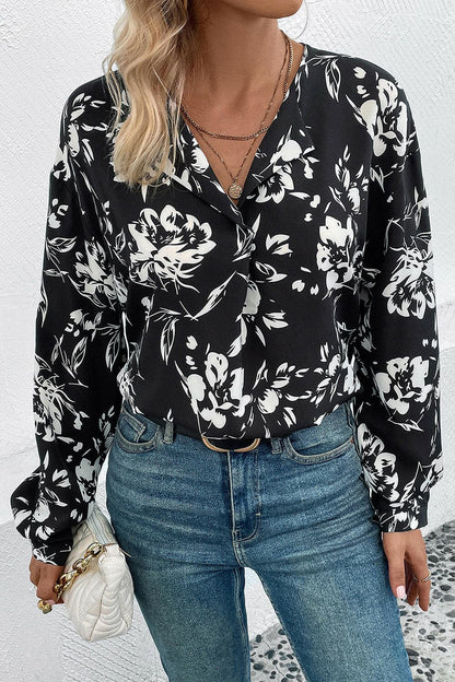 Floral Collared Neck Long Sleeve Top.