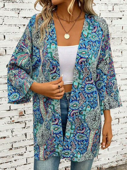 Printed Open Front Three-Quarter Sleeve Cover Up.