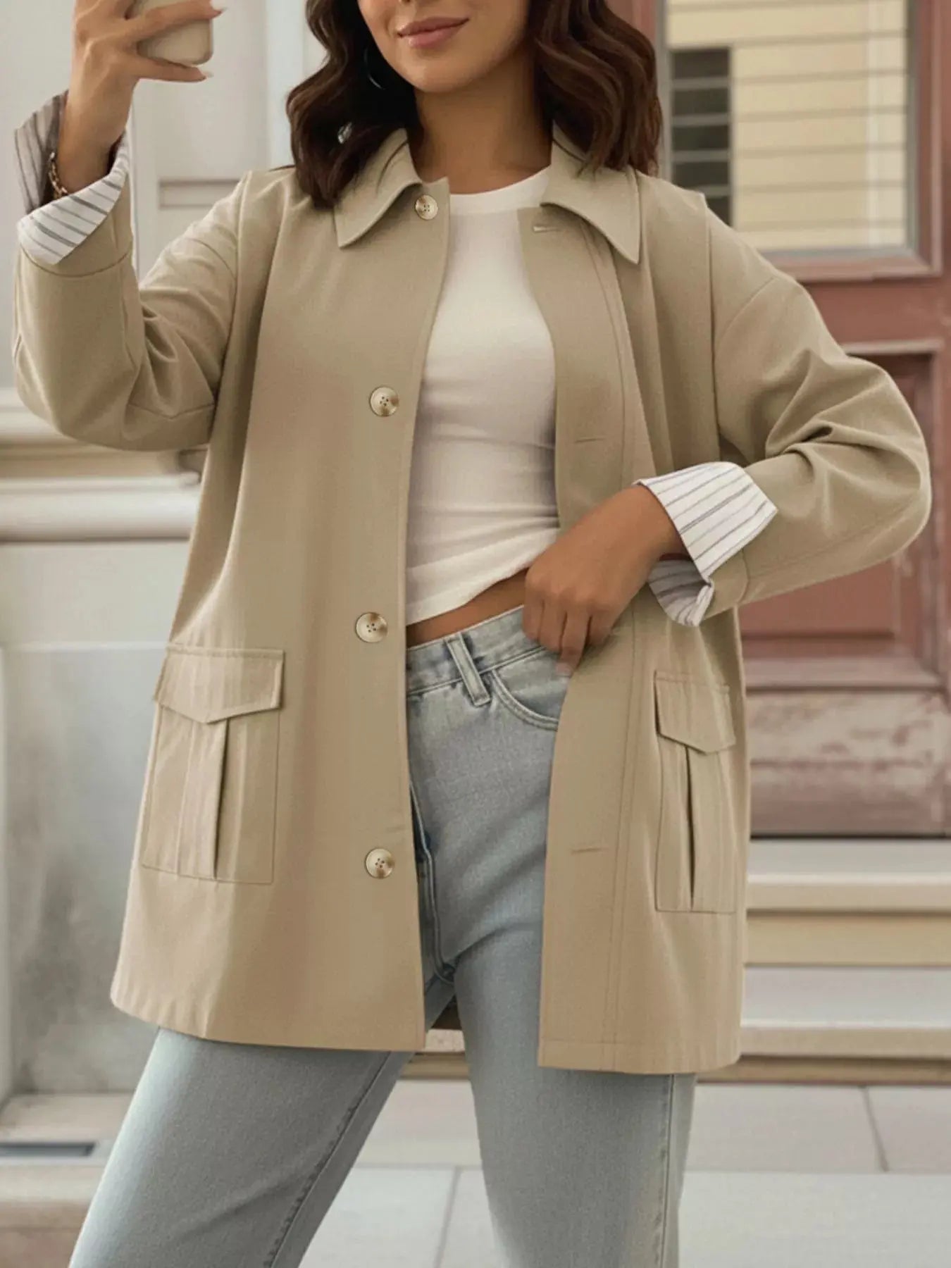 Button-Down Dropped Shoulder Outerwear Simply Love