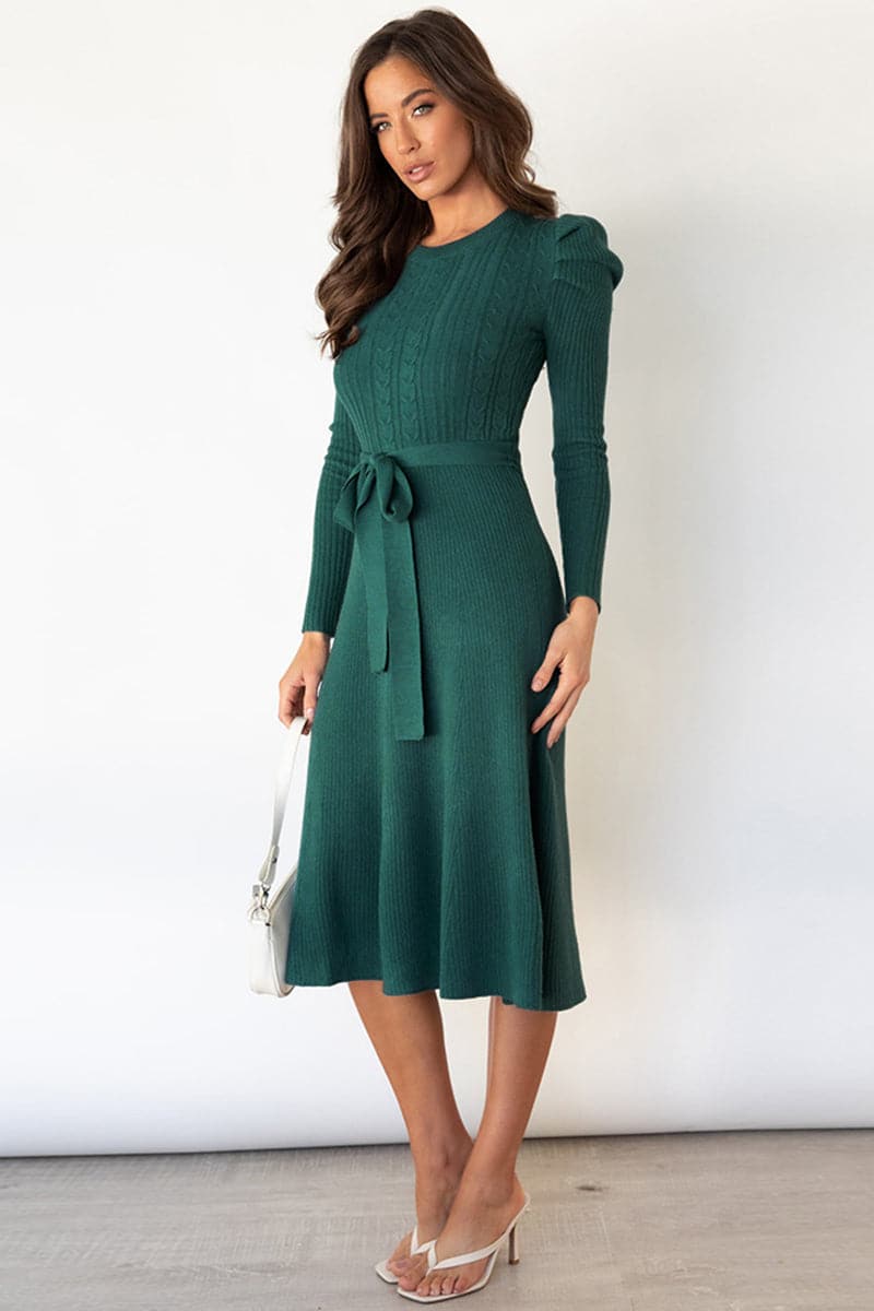 Round Neck Long Sleeve Tie Waist Sweater Dress.