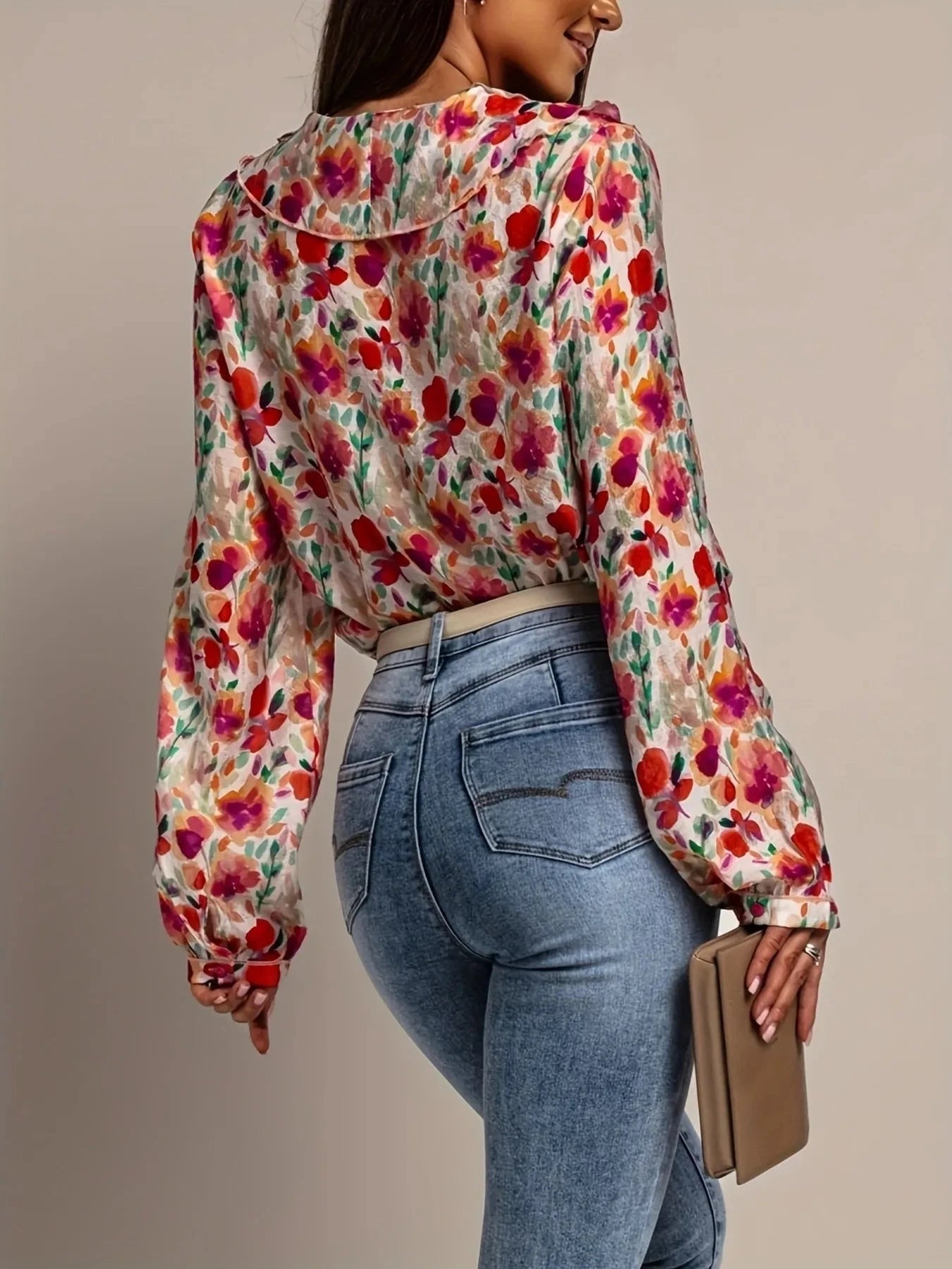 Floral Print Ruffle V-Neck Long Sleeve Blouse Coco’s Tee Boutique