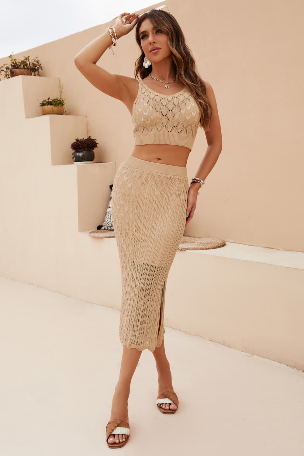 Openwork Cropped Tank and Split Skirt Set.