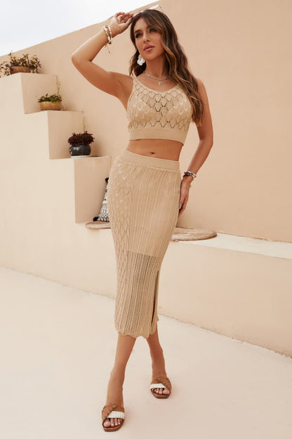 Openwork Cropped Tank and Split Skirt Set.