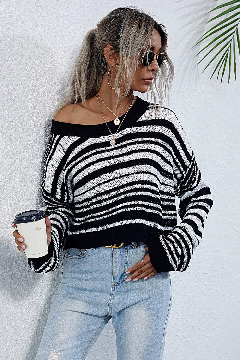 Striped Round Neck Dropped Shoulder Sweater.