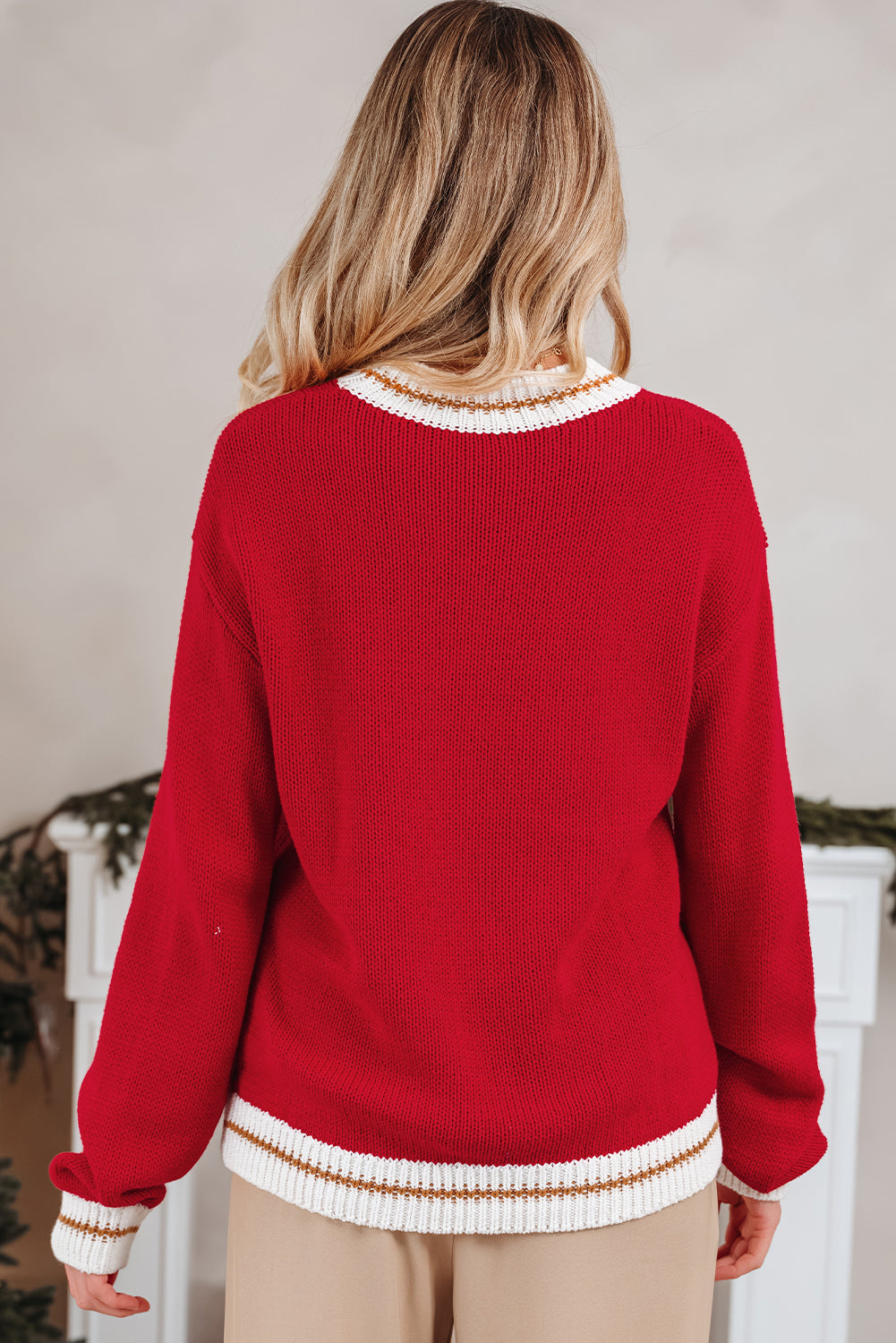 Fiery Red Color Block Edge Drop Shoulder Cozy Sweater For Women Dear-Lover Dropshipping