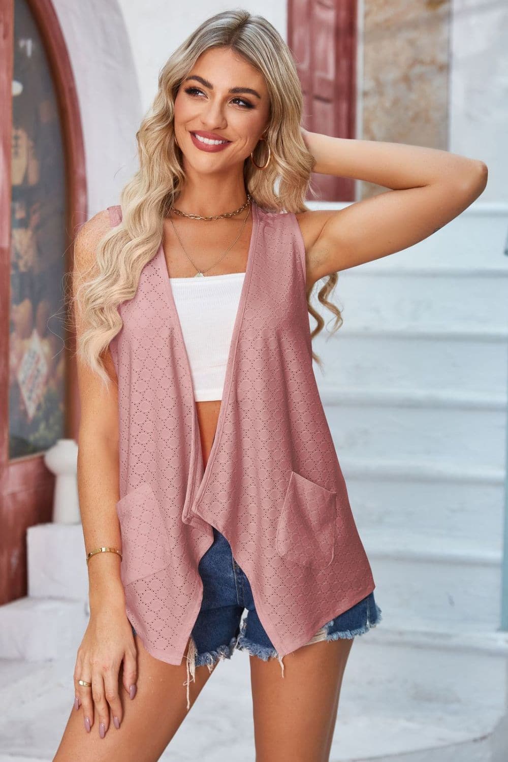 Eyelet Open Front Sleeveless Cardigan.