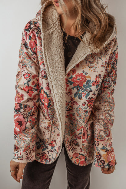 Beige floral paisley hooded Sherpa jacket for a vintage vibe