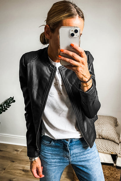 Sleek black faux leather bomber jacket