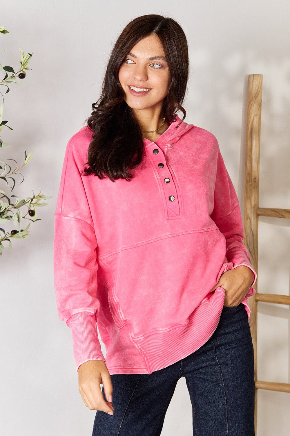 Stylish half snap hoodie with pockets for ultimate comfort