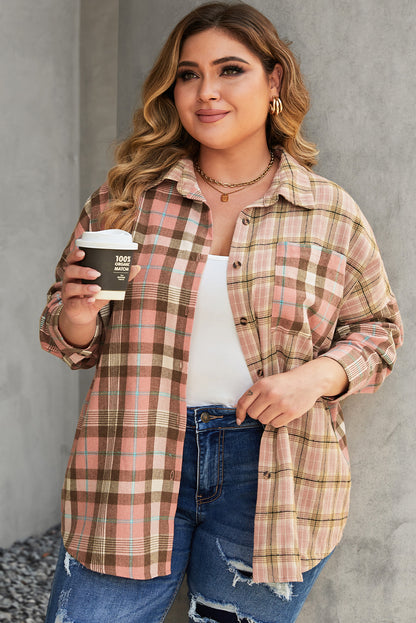 Chic pink plus size plaid long sleeve shirt with pocket detail