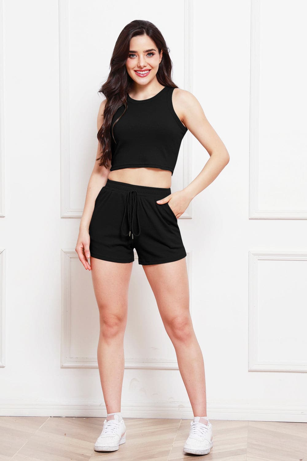 Round Neck Tank and Drawstring Shorts Set.