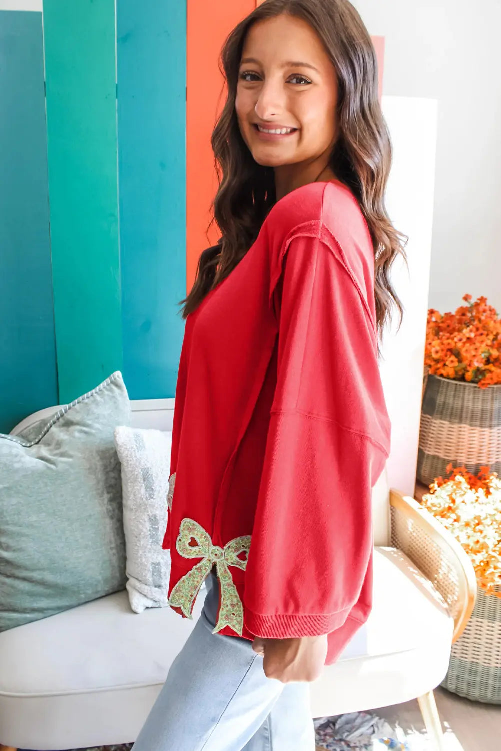 Fiery Red Floral Bow Patchwork Exposed Seam Slit Baggy Sweatshirt Dear-Lover Dropshipping