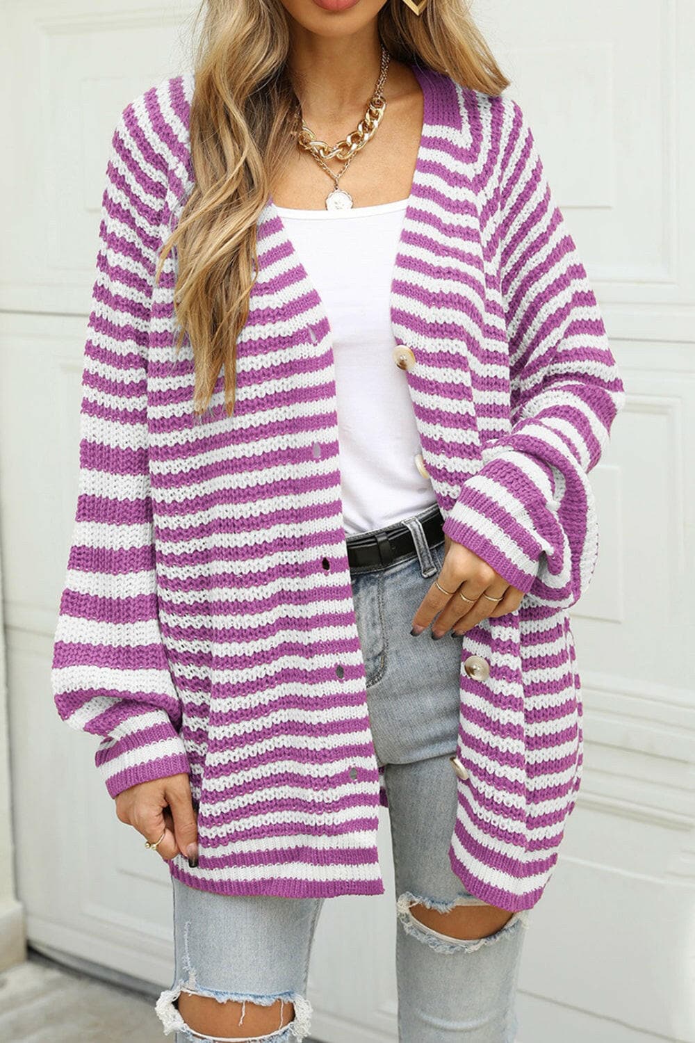 Striped Button Up Long Sleeve Cardigan.