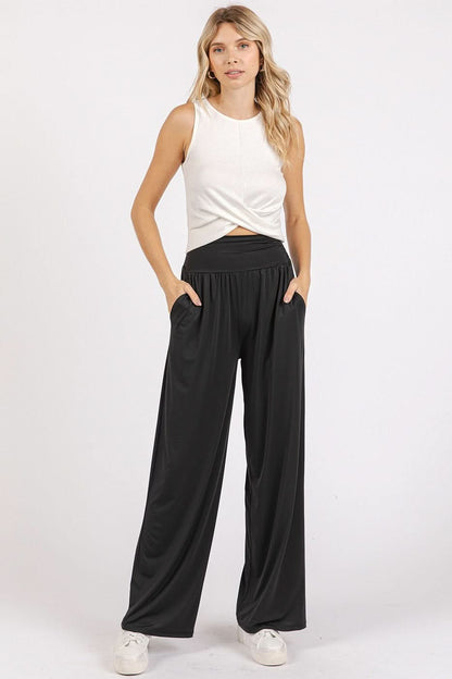 Versatile Wide Leg Pants with Stretchy Banded Waist and Pockets