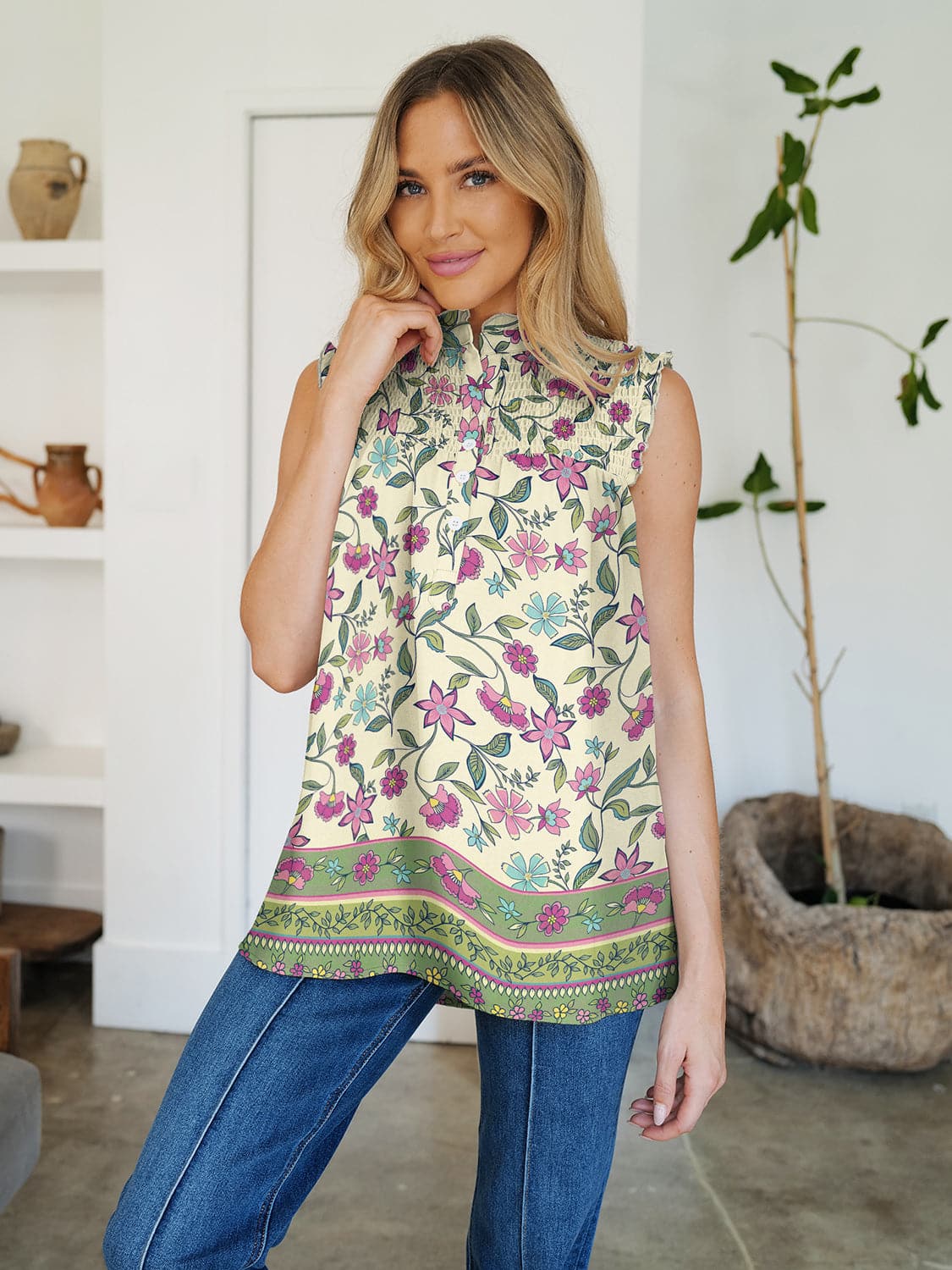 Frill Printed Mock Neck Top.