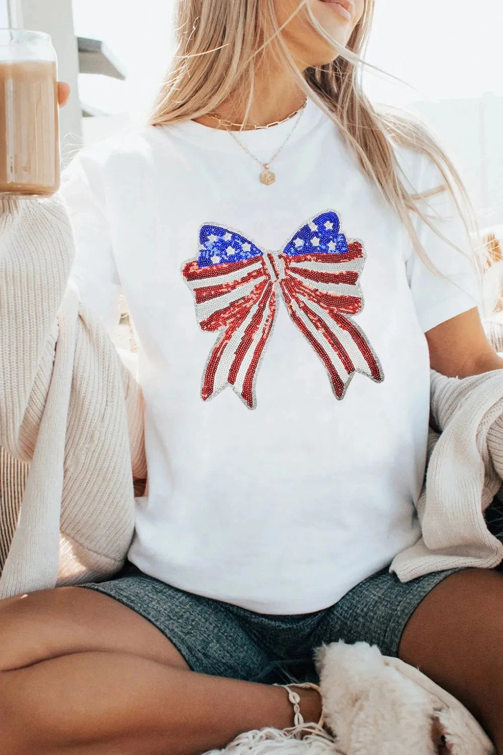 USA Flag Bow Knot Patched Crew Neck T Shirt Simply Love
