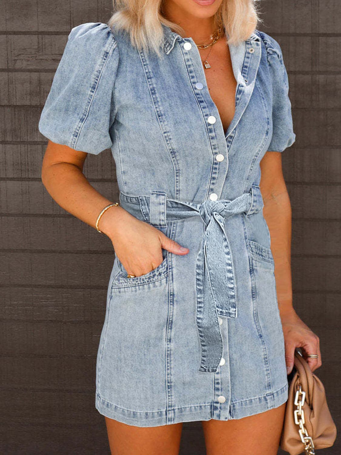 Puff Sleeve Button Up Mini Denim Dress.