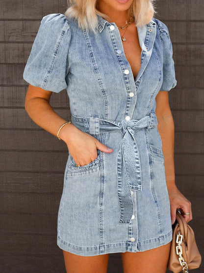 Puff Sleeve Button Up Mini Denim Dress.