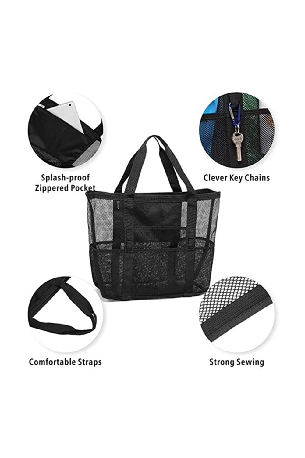 Versatile black mesh tote bag with multiple pockets