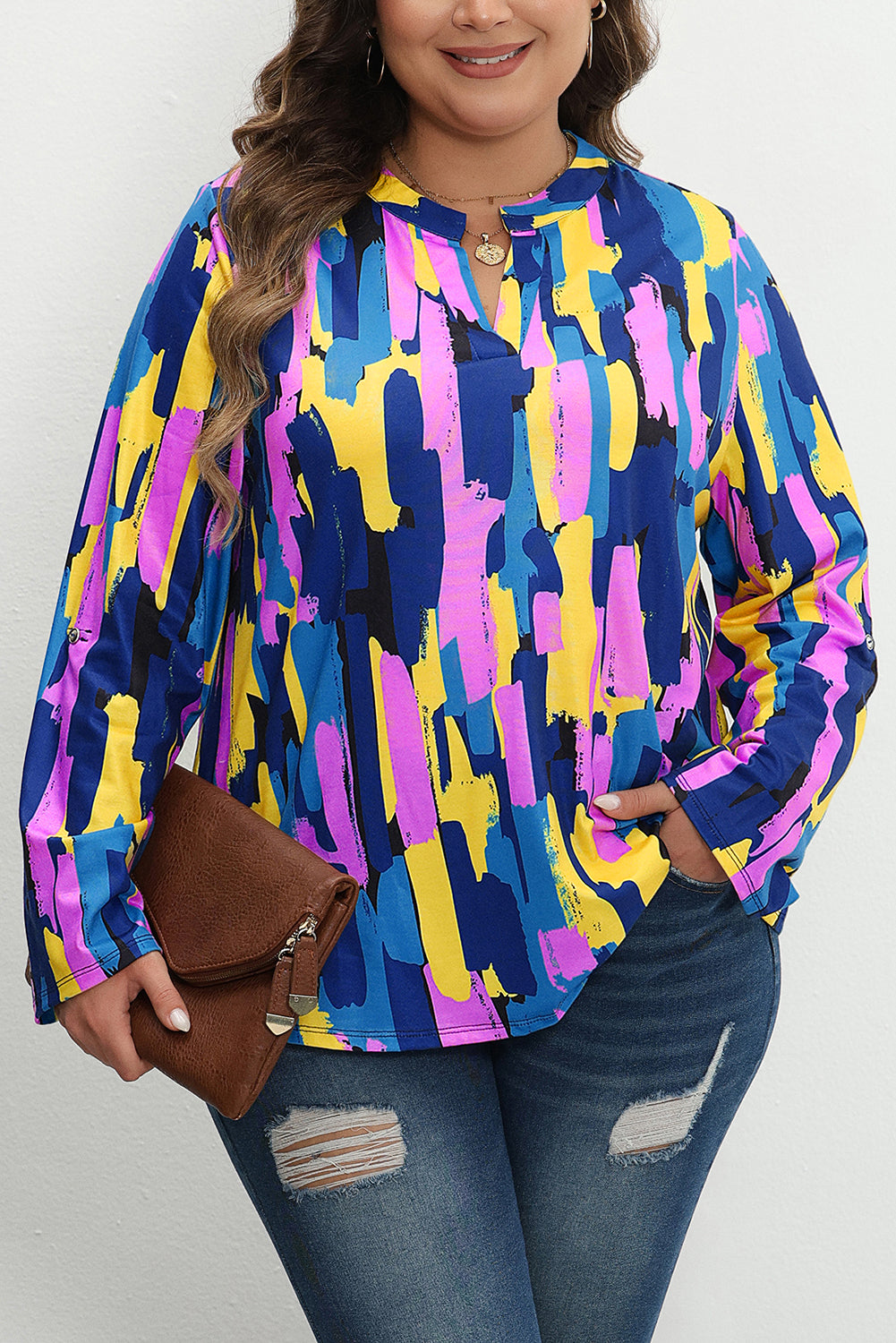 Chic blue plus size brushstroke print blouse with 3/4 sleeves