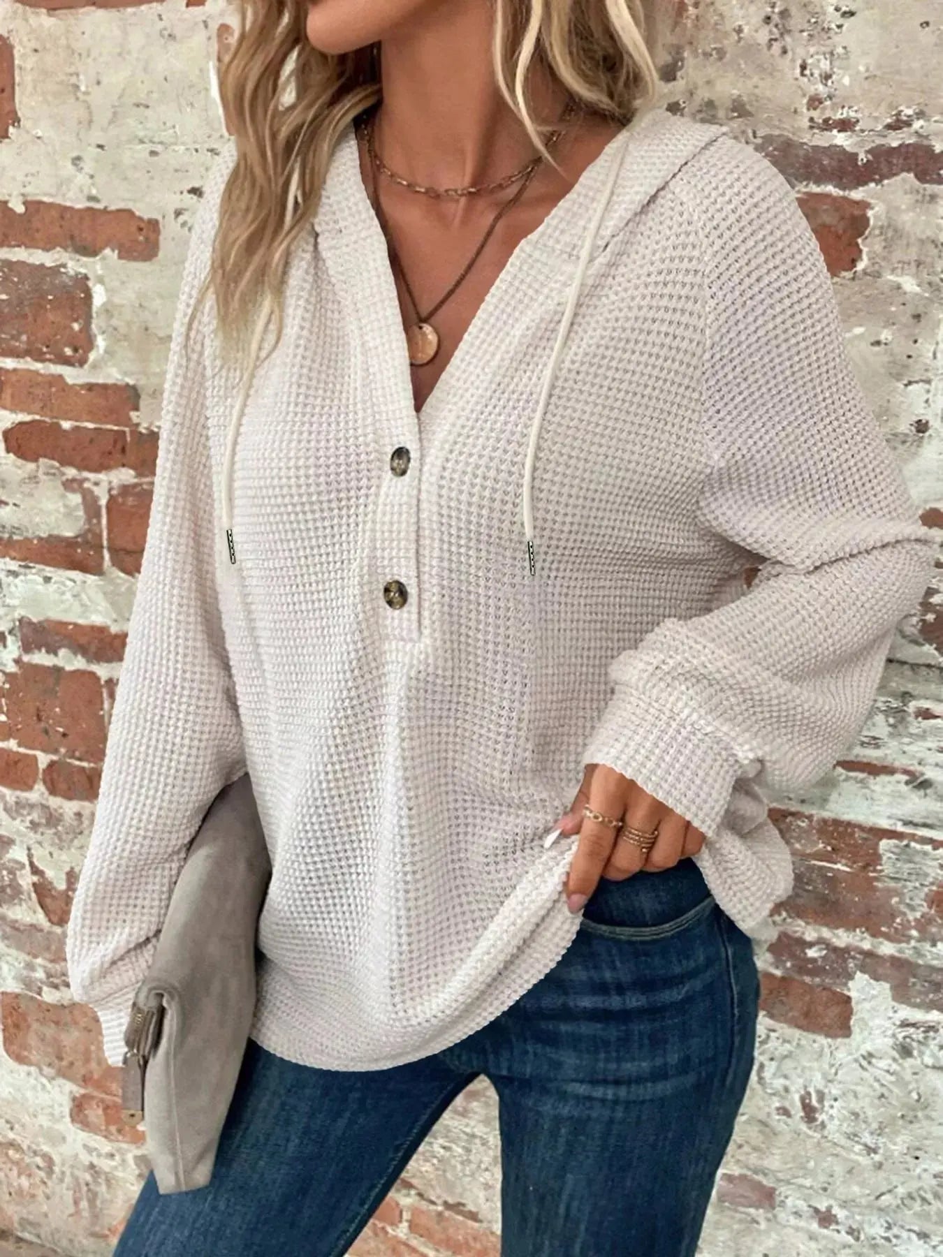 Waffle Knit Button Detail Hoodie Simply Love