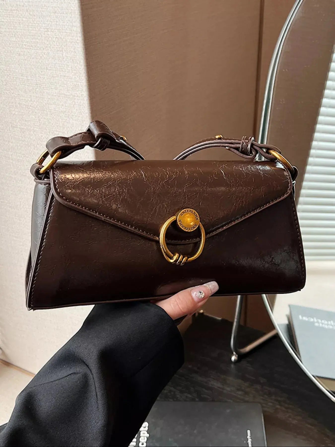 Small PU Leather Retro Ring Decor Shoulder Bag Gold Ring Accent Simply Love