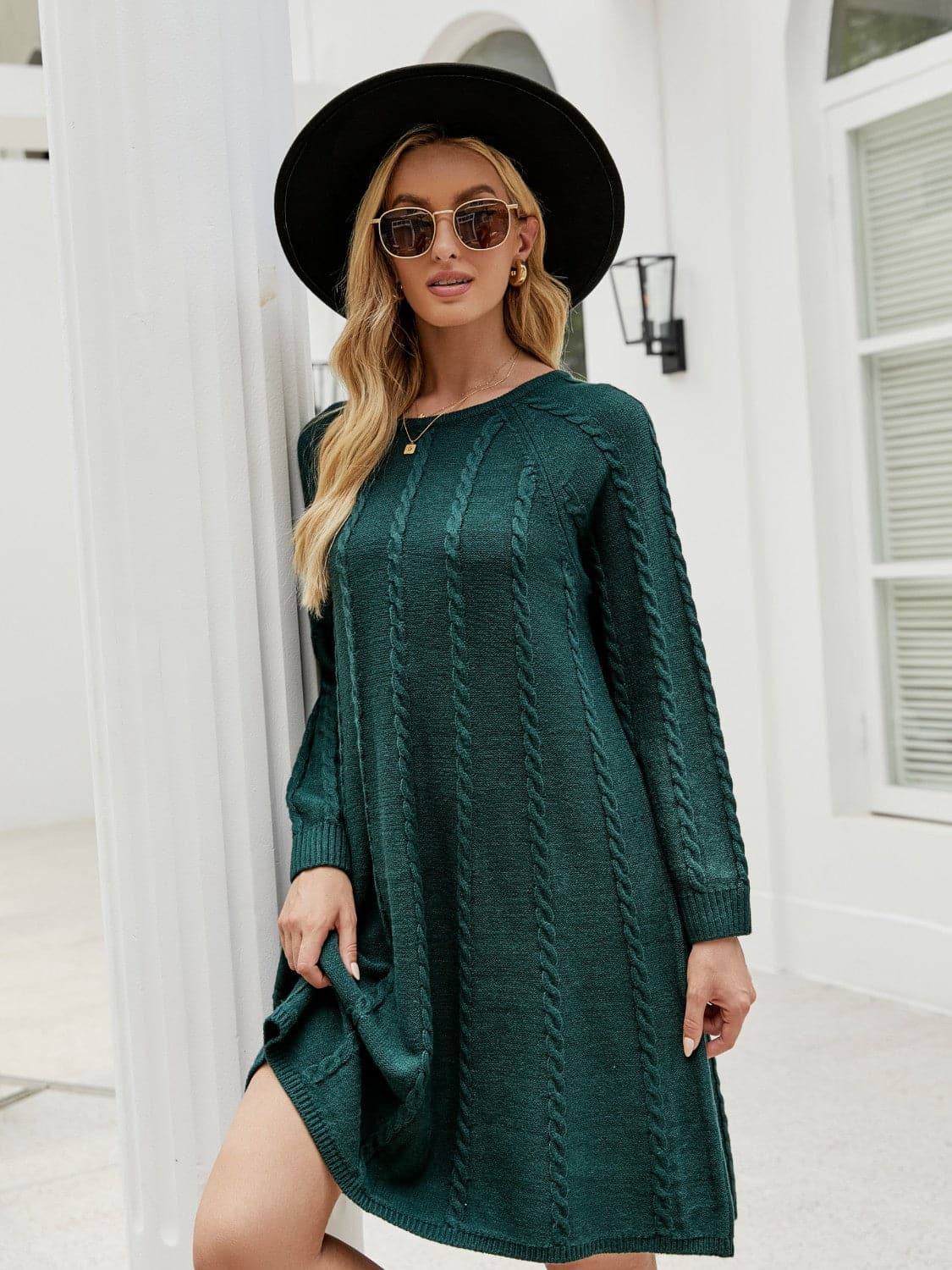 Cable-Knit Long Sleeve Sweater Dress.