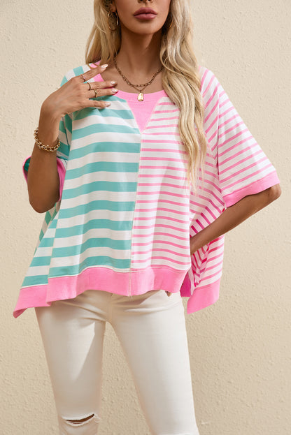 Chic pink stripe oversized patchwork tee for effortless style